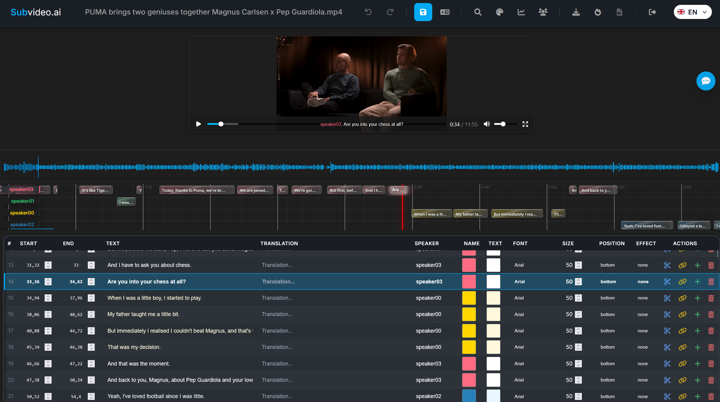 Online subtitle editor timeline view with SRT and ASS styling controls