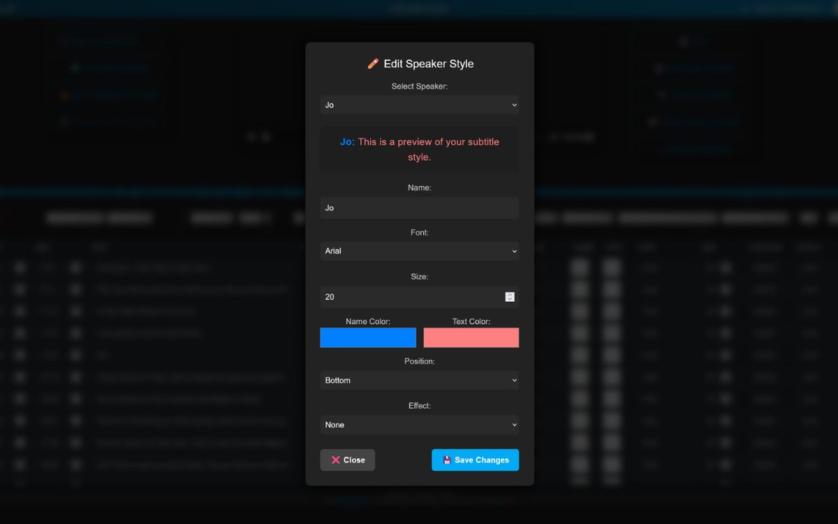 Hardcoded subtitles styling with fonts colors and speaker presets for MP4 in Subvideo.ai