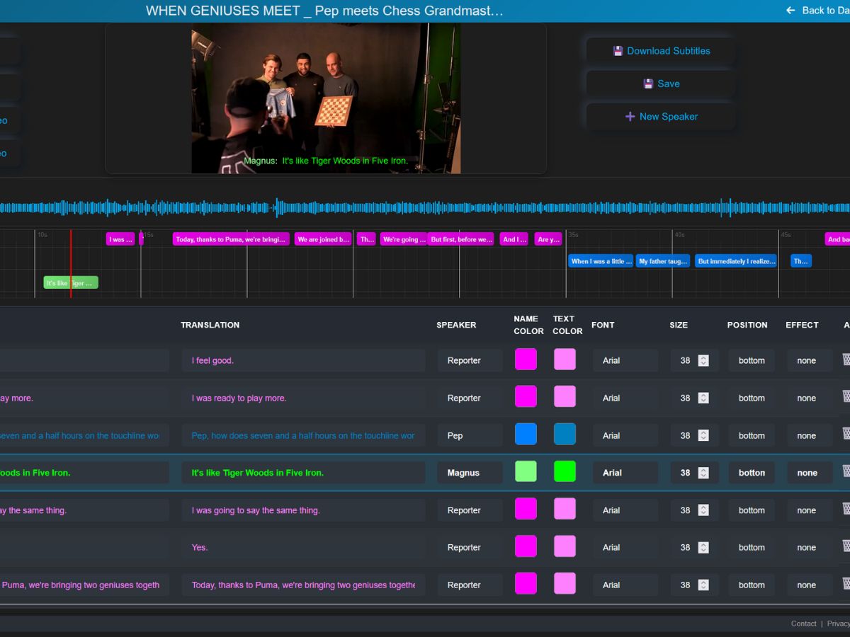 Subvideo.ai studio showing hardcoded subtitles export with timeline and styling