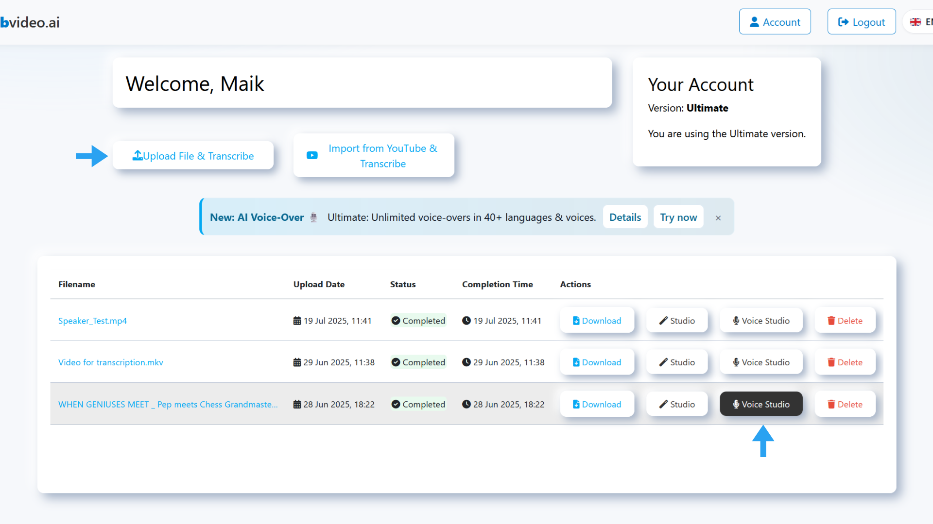 Dashboard con pulsante “Voice Studio”