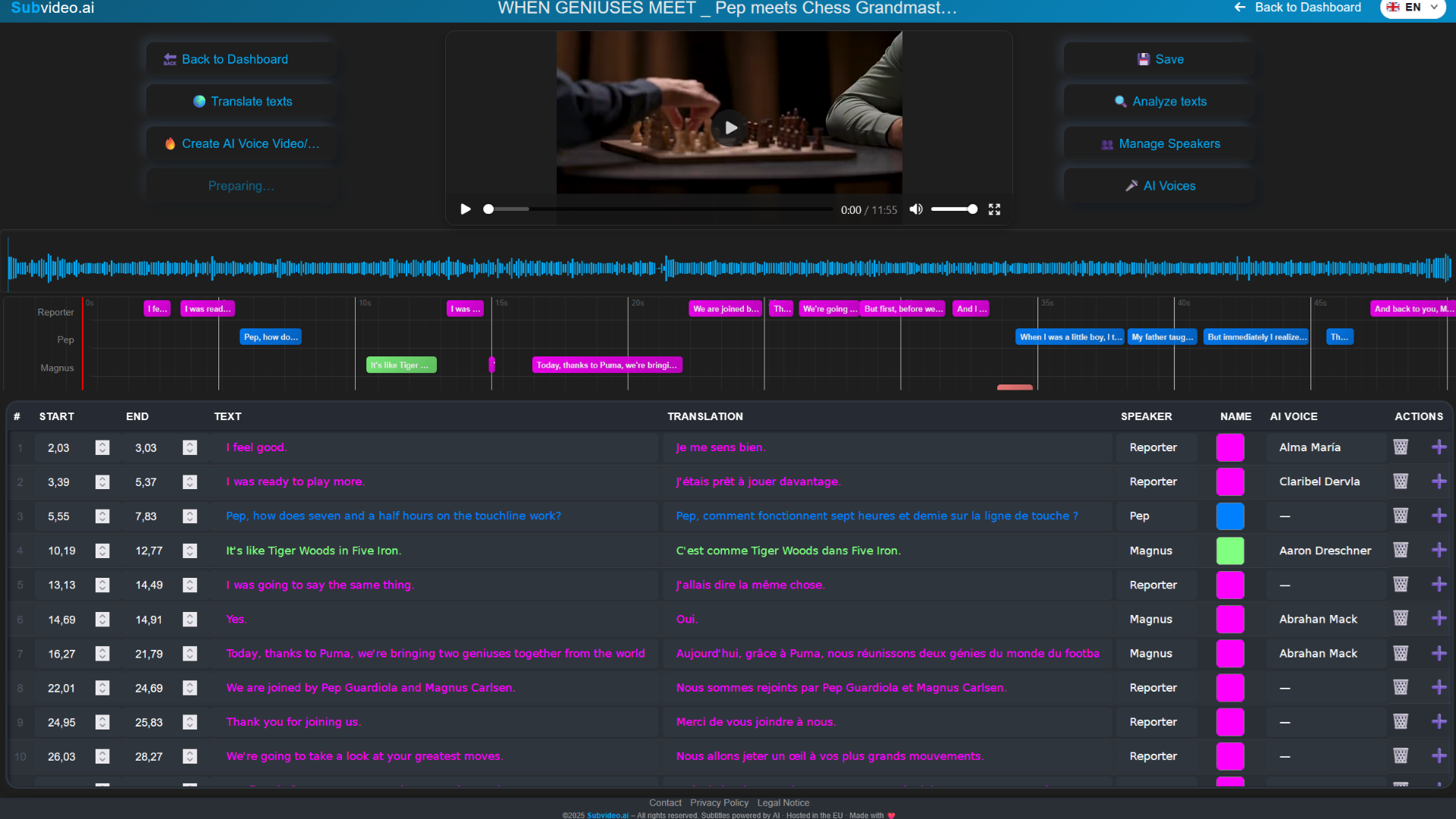 Vista Voice Studio con player, timeline e tabella