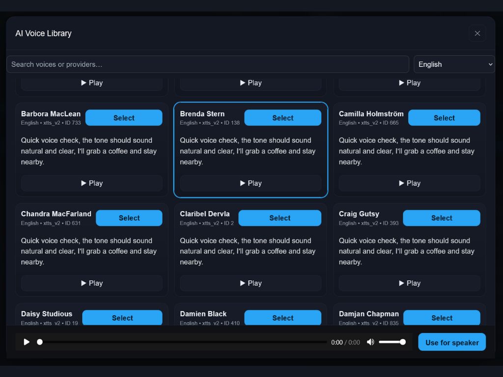 Voice library with search, categories, and apply button