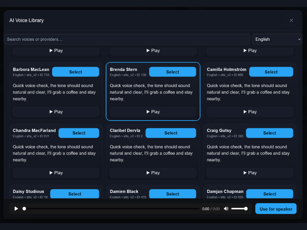Voice library with search, categories, and apply button