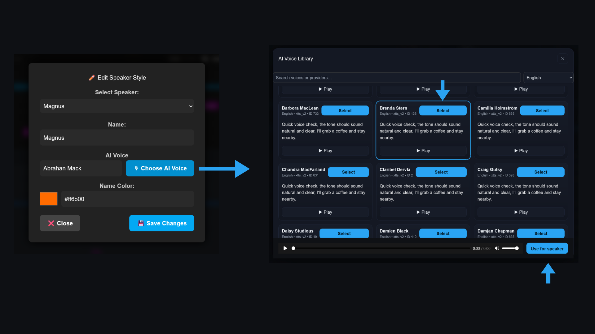 Impostazioni speaker: nome, stile, voce IA